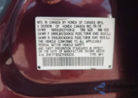 2007 Honda Pilot Ex-L z USA, uszkodzony, nr VIN 2HKYF18527H510015